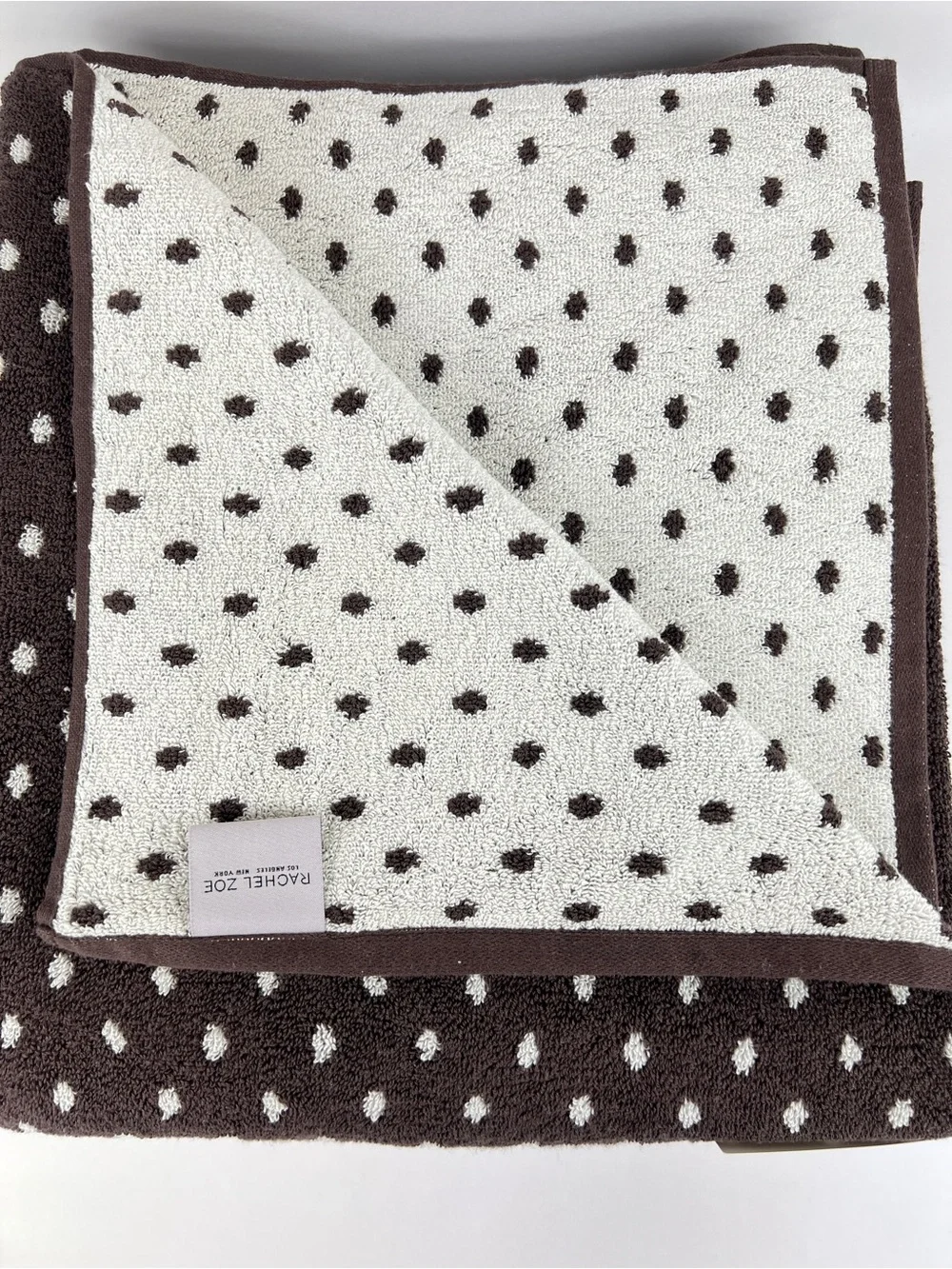 Rachel Zoe Bath Towel Set Brown Off White Polka Dots Soft 100% Cotton 8 Pc NEW